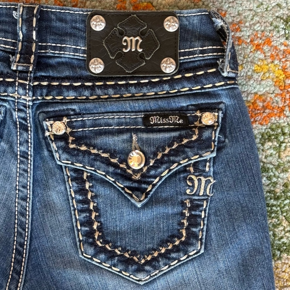 Miss Me Rhinestone Flap Pocket Thick Stitch Embroidered Bootcut Jeans